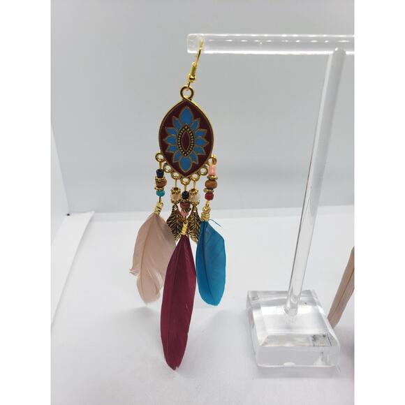 Blue Boho Rice Bead Water Drop Tassel Leaf Aztec Ethnic‎ Earrings White Gold - Picture 3 of 8